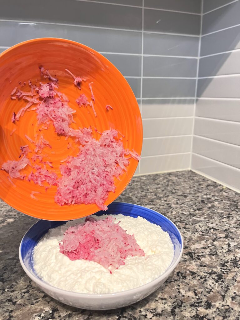 adding radishes to Polish Farmer’s Cheese Spread